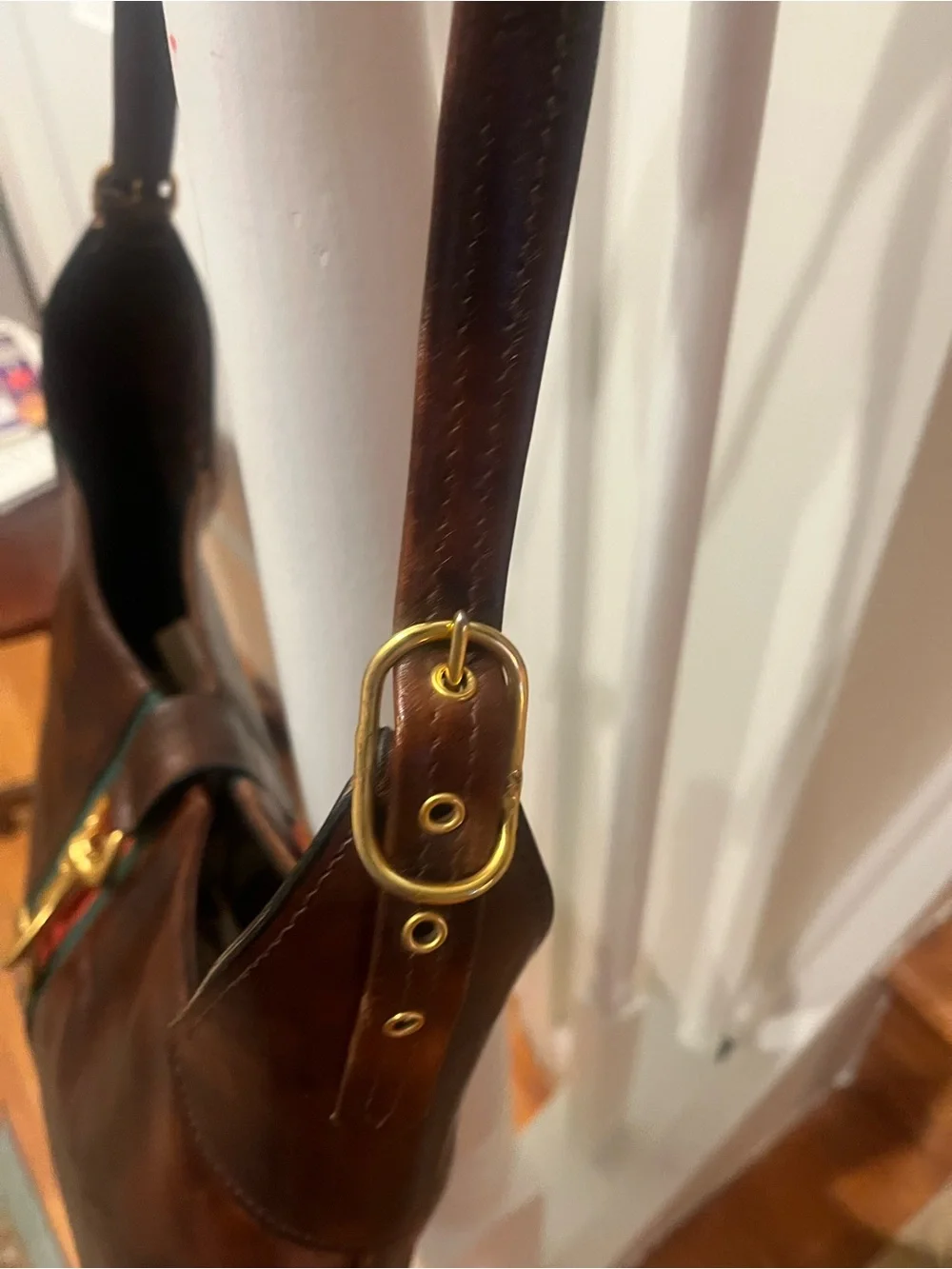 Riviera Dark Brown Leather Hobo with Red and Green Stripe & Gold Accent